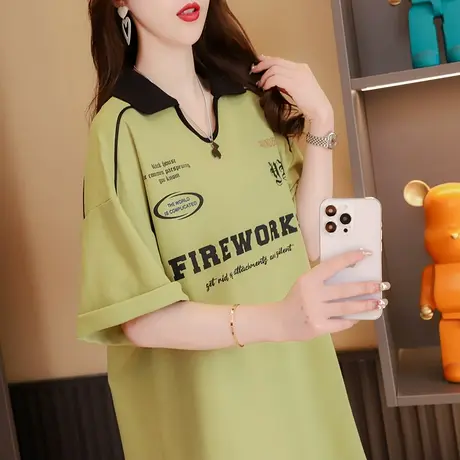 polo领短袖T恤女中长款2023新款夏季洋气减龄宽松设计感百搭上衣商品大图