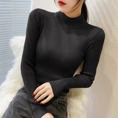 半高领毛衣打底衫女士秋冬装洋气黑色内搭长袖上衣修身紧身针织衫图片