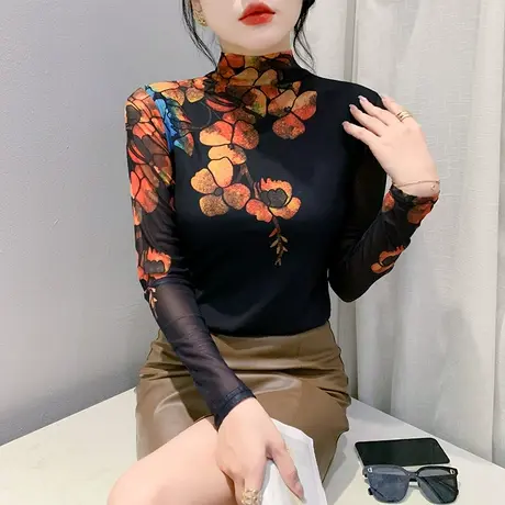 性感网纱T恤女长袖气质半高领上衣洋气修身小衫秋季新款打底衫ins商品大图