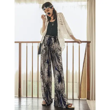 波西米亚阔腿裤民族风雪纺裤裙女夏季薄款拖地垂感裤子沙滩裤长裤商品大图