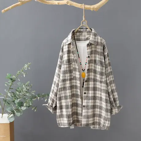 韩范格子衬衫女2023秋季新款上衣百搭长袖宽松外套磨毛休闲衬衣潮商品大图
