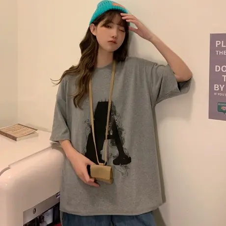 欧美复古短袖t恤女2021早春新款宽松韩版ins设计感小众港风上衣服商品大图