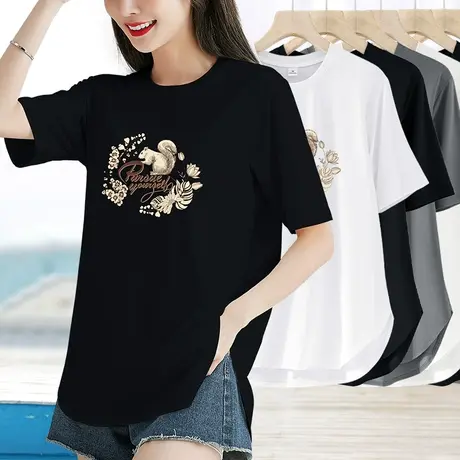 黑色凉感t恤女短袖夏季2023新款宽松天丝打底t桖夏装印花显瘦上衣图片