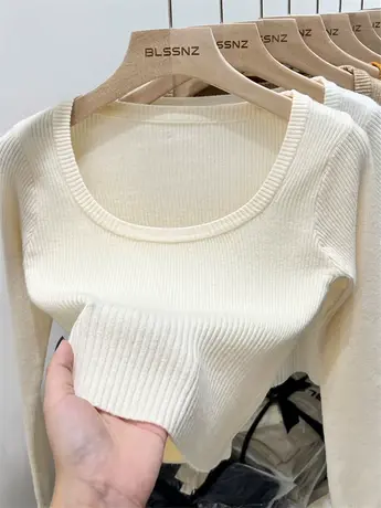 方领长袖上衣打底衫女内搭早秋新款修身短款毛衣小香风针织衫女潮商品大图