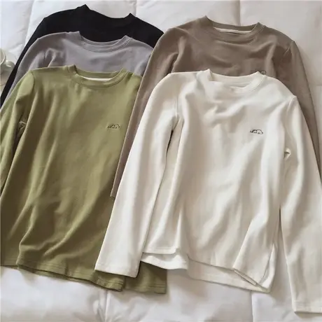 双面德绒磨毛打底衫女2023秋冬新款加厚刺绣长袖百搭圆领T恤上衣图片