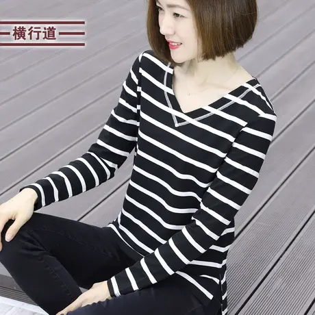 v领长袖t恤女宽松外穿打底衫冬季新款女装大码开叉条纹女士上衣服商品大图