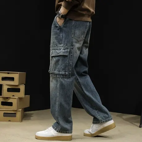 直筒牛仔裤男潮牌2023新款秋季宽松大码秋冬阔腿男裤多袋工装裤子商品大图