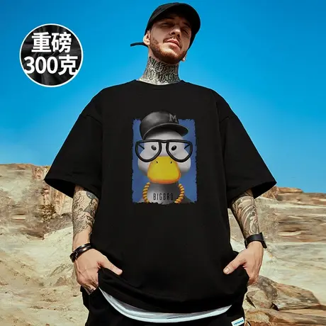 300g重磅美式卡通印花短袖t恤大码黑色圆领纯棉简约胖子半袖男潮商品大图