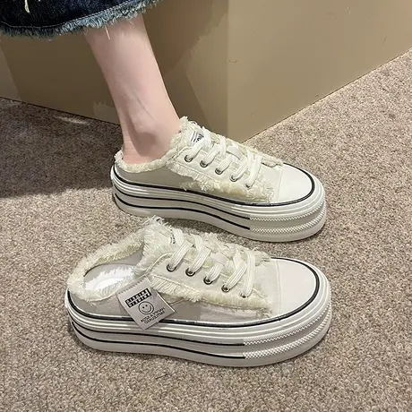 爆款帆布拖鞋女夏外穿2023新款厚底无后跟懒人半拖休闲松糕女鞋子商品大图