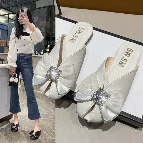 包头凉鞋女夏季外穿蝴蝶结新款法式穆勒鞋仙女风方头平底半拖单鞋商品大图