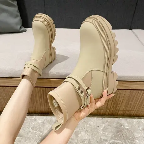 设计感厚底马丁靴女粗跟2022年秋冬季新款气质百搭短筒瘦瘦靴圆头图片