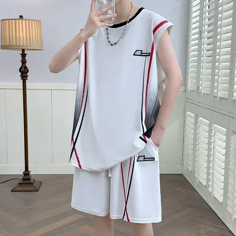 休闲运动套装男夏季冰丝无袖t恤背心短裤两件套青少年帅气篮球服商品大图