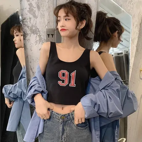 纯棉吊带坎肩运动背心无袖t恤女夏外穿网红韩版宽松短款上衣ins潮图片