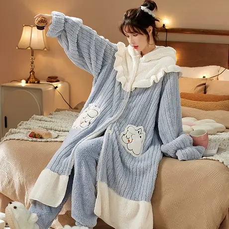 睡袍女秋冬季珊瑚绒睡衣套装可外穿加绒加厚法兰绒甜美网红风爆款商品大图