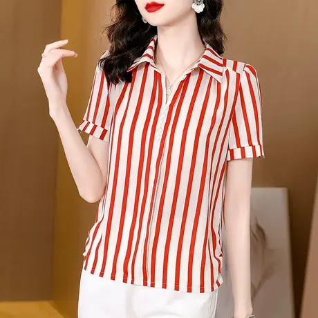 条纹衬衫女夏季2023年新款时尚气质大码宽松显瘦设计感小众雪纺衫商品大图