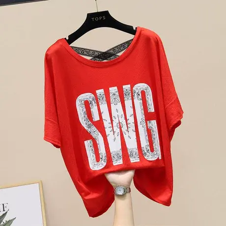 2023夏短袖字母印花T恤宽松半袖洋气百搭t恤薄款时尚蕾丝拼接上衣商品大图