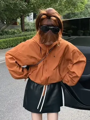 韩系短款外套女2023春秋款高级感百搭抽绳休闲夹克衫双拉链上衣女图片