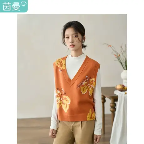 【商场同款】茵曼复古提花马甲2023秋季女装新款V领百搭背心毛衣商品大图