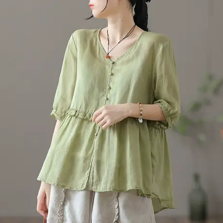 dza 白色苎麻上衣女士短袖衬衫2023夏季新款宽松V领半袖棉麻衬衣图片