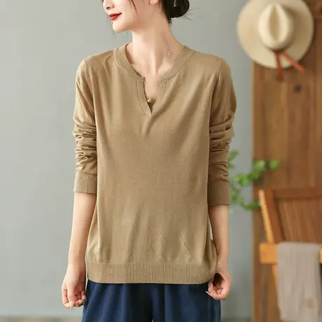 dza 复古纯色棉线针织衫女士秋冬洋气内搭上衣打底衫宽松休闲毛衣图片