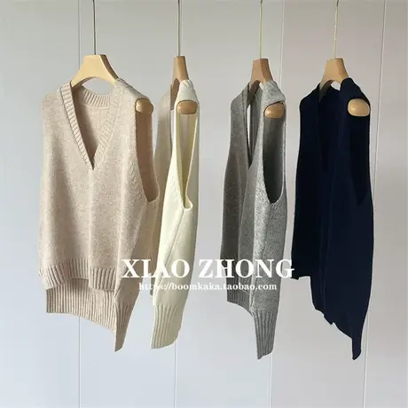 前短后长叠穿搭配羊毛V领马甲，宽松休闲百搭针织无袖开叉背心女图片