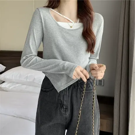 2023早秋季新款假两件套短款设计感小众长袖t恤女装打底衫上衣服商品大图