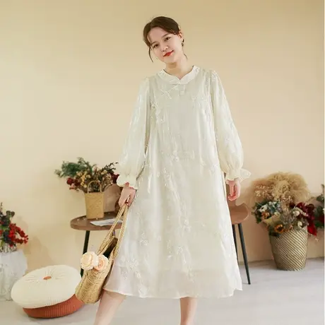 胖妹妹秋季2023新品新中式刺绣旗袍裙大码微胖长款飘逸旗袍连衣裙商品大图