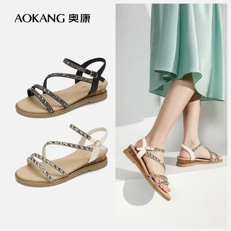 【门店发货】奥康女鞋 新款闪耀水钻防滑一字带罗马凉鞋商品大图