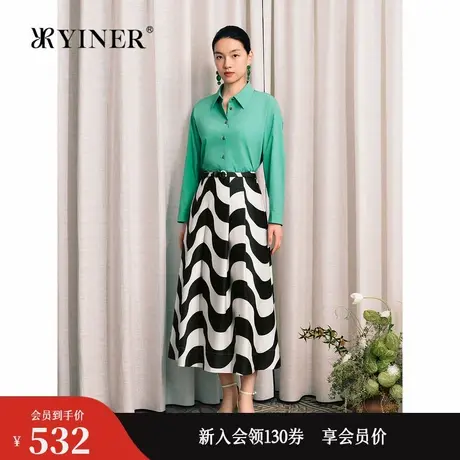 YINER音儿秋季四面带弹法式薄荷曼波衬衫微落肩翻领上衣图片