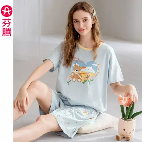 芬腾睡衣女夏季纯棉薄款短袖短裤套装女款休闲宽松透气全棉家居服商品大图