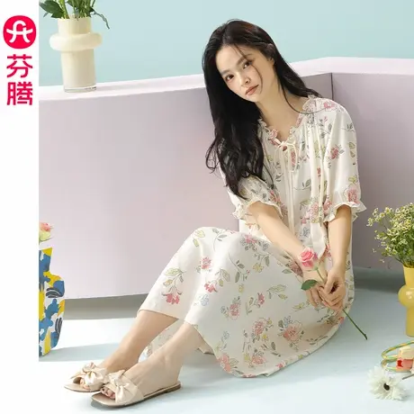 芬腾女士睡裙夏季纯棉中袖薄款花卉睡衣裙甜美休闲大码家居服中裙图片