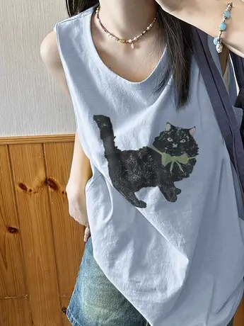美式复古纯棉吊带背心无袖t恤女夏设计感小众外穿篮球服挂脖上衣图片