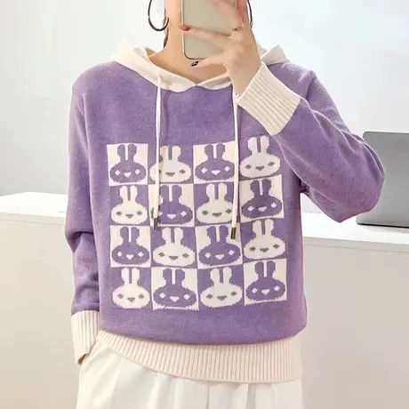 可爱减龄小兔子连帽针织衫毛衣女装2023秋冬新款宽松短款打底上衣商品大图