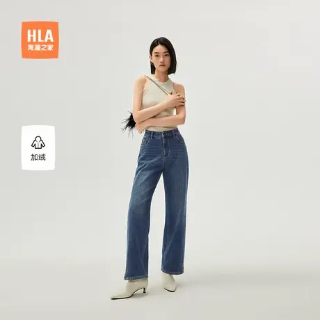 HLA/海澜之家加绒牛仔裤秋冬季新五袋款显瘦裤脚开衩保暖裤子女装商品大图