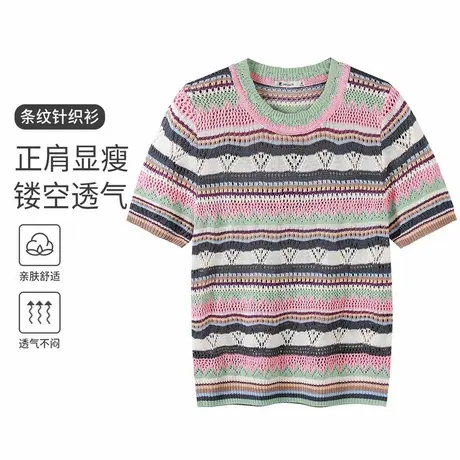 YD真维斯2025年春季新款女款宽松上衣拼色镂空透气短袖女针织衫女商品大图