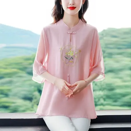 中袖雪纺衫女夏季2023年新款中国风气质漂亮绣花大码遮肚女士小衫图片