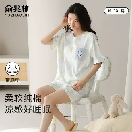 纯棉睡衣女100%全棉女士带胸垫可外穿夏季薄款短袖短裤家居服套装商品大图
