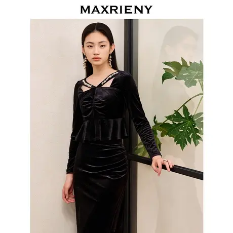 MAXRIENY法式复古风丝绒雪纺衫2023秋冬新款修身显瘦长袖上衣女商品大图