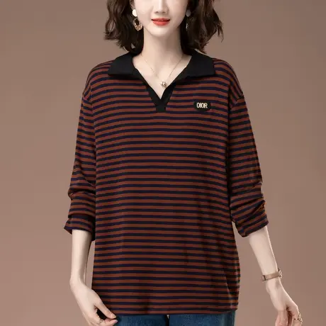 条纹长袖t恤女春秋季新款加肥加大码宽松中年妈妈休闲翻领打底衫图片