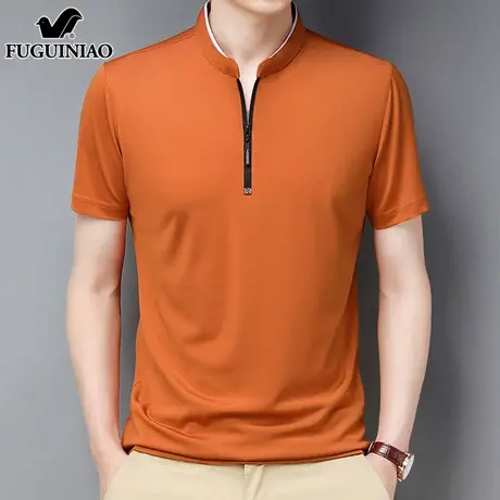 富贵鸟冰丝短袖t恤男士2025夏季薄款立领纯色衣服休闲polo衫男装商品大图