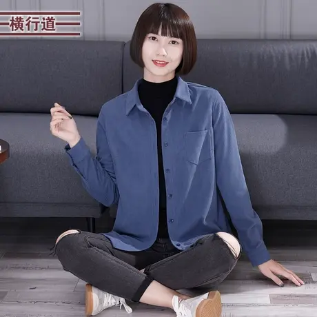 2023冬装新款黑色灯芯绒长袖衬衫外套宽松休闲大码衬衣女装韩版商品大图