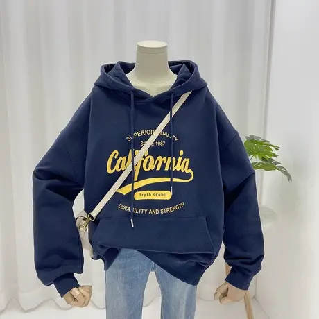 蓝色加绒加厚卫衣女连帽冬宽松ins欧美高街oversize原宿宽松外套商品大图