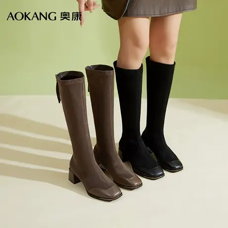 奥康 女鞋长筒靴女秋冬高跟高筒靴小个子绒面长靴商品大图