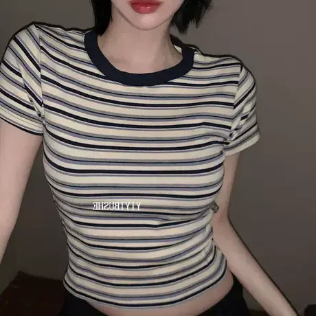 Onoev自留 LX172复古撞色条纹~减龄女人味修身短袖T恤at图片