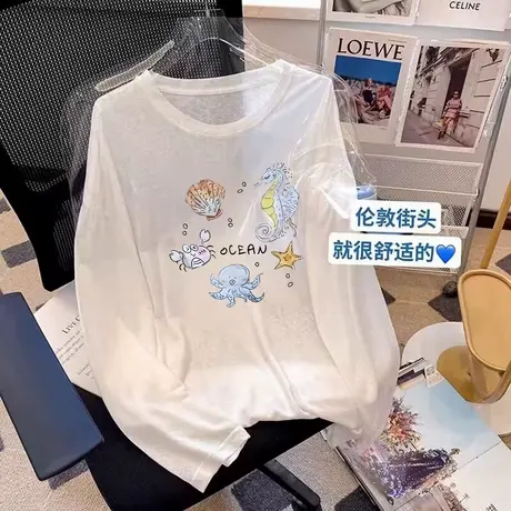韩系防晒罩衫夏季薄款印花长袖白色t恤女2025新款简约百搭上衣潮图片