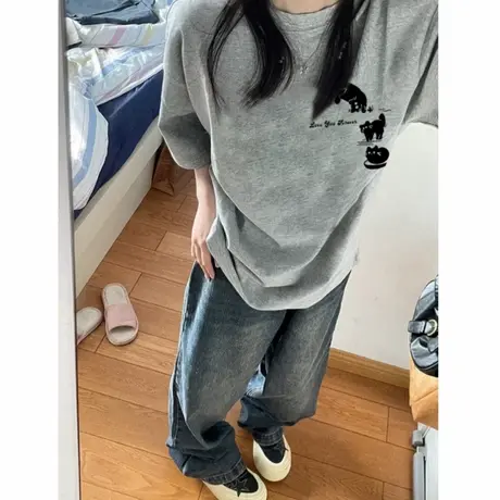 纯棉美式复古落肩短袖t恤女2025新款设计感小众高街潮牌半袖上衣图片