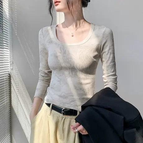 扎染方领正肩长袖T恤女秋季新款外穿上衣修身显瘦别致内搭打底衫商品大图