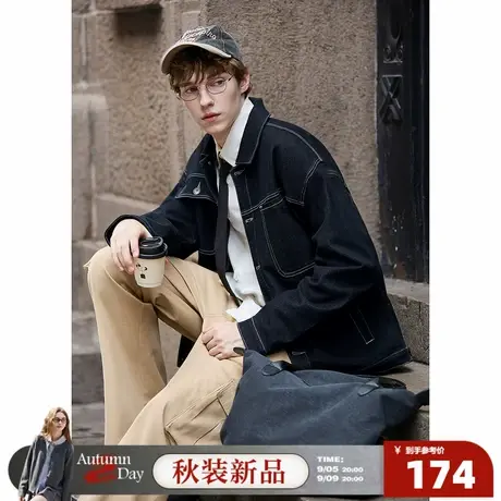 唐狮2025春秋季牛仔外套男士翻领休闲风宽松时尚明线潮流早秋男装商品大图