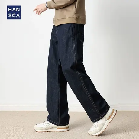 hansca丹宁牛仔裤男直筒宽松阔腿2025新款秋季深蓝色复古休闲长裤商品大图