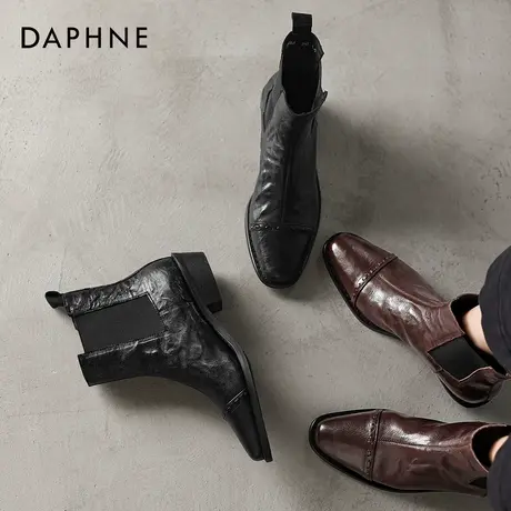 达芙粗跟短靴女2026新款冬季棕色加绒瘦瘦靴通勤英伦风尖头马丁靴商品大图